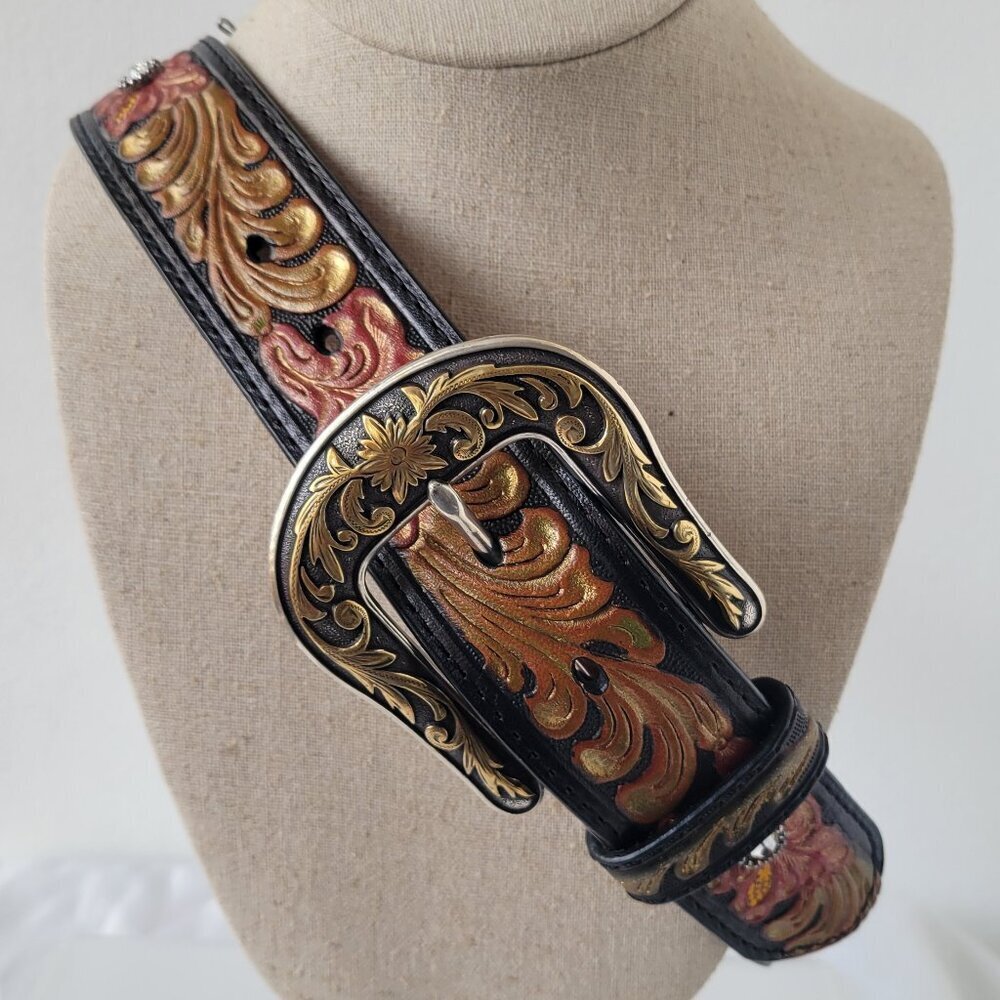 Nocona Western Women’s Leather Tooled Flower Brown Studded Belt (Size: S)